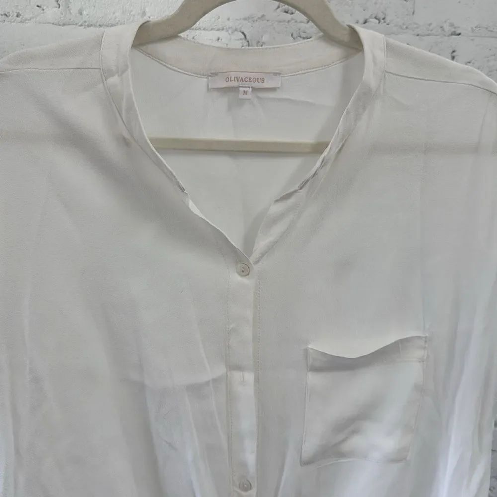 White Button-Up Blouse by OLIVACEOUS - Size Medium - Button Up Tie Short Sleeve - Picture 2 of 4